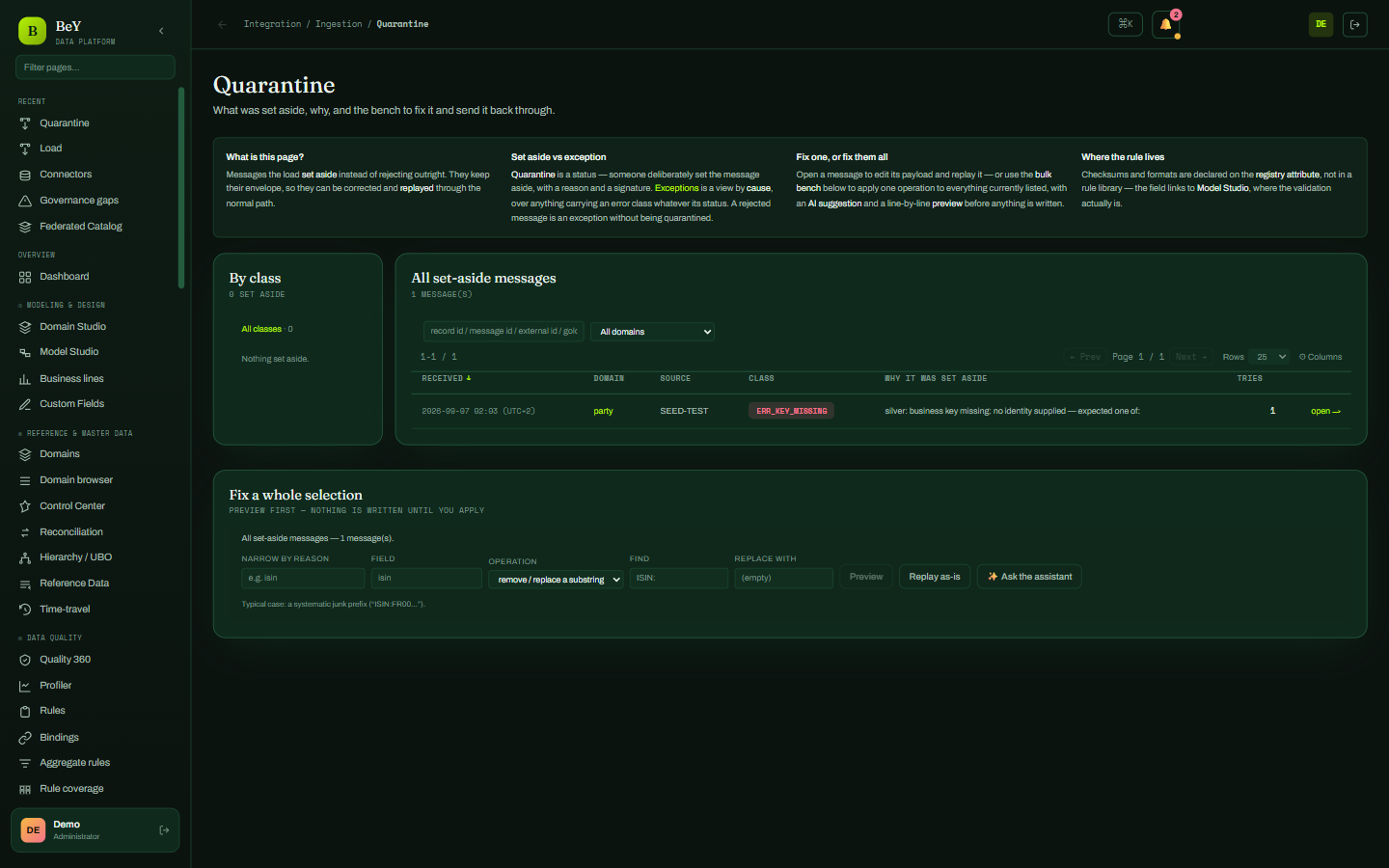 Quarantine: rows that failed their contract, with the cause